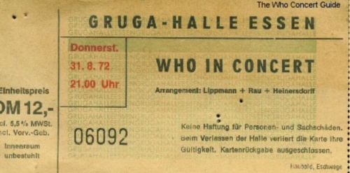 The Who and Golden Earring show ticket#6092 August 31 1972 Essen (Germany) - Grugahalle